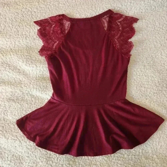 Burgundy Lace Sleeve Peplum Top, Small - Picture 5 of 6